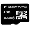 Silicon Power SP004GBSTH004V10, microSDHC 4GB class4 (без адаптера)