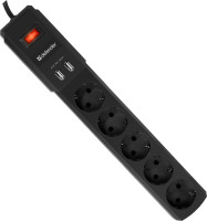 Defender Сетевой фильтр, 3 м, 2 USB-порта, 5 розеток, черный, 99043